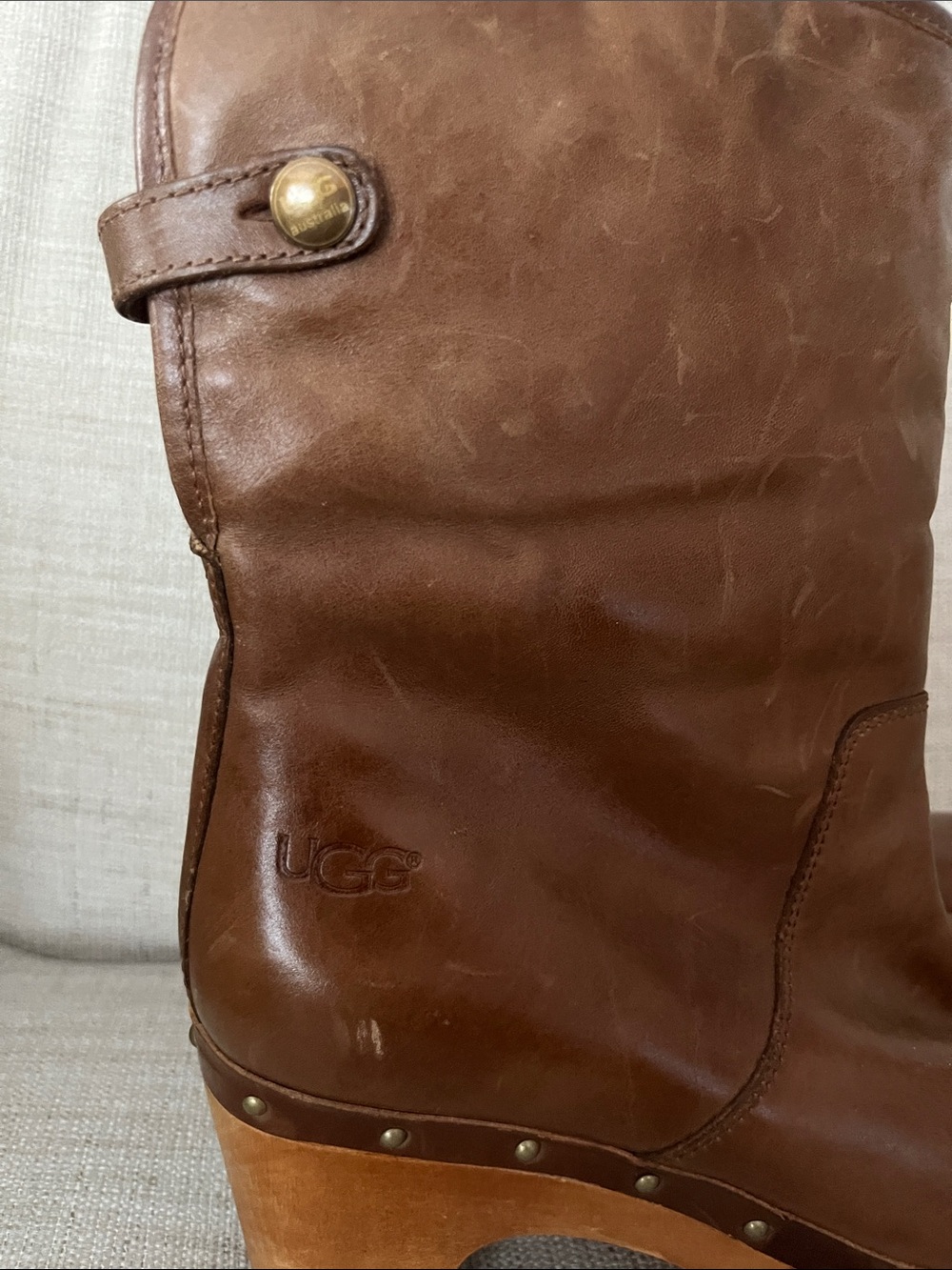 UGG Brown Leather Clog Heeled Boots - Picture 7 of 12